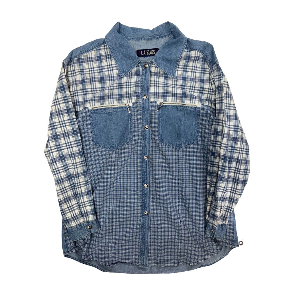 LA Blues Womens Denimβ Plaid Mixed Media Snap Front Shirt Jacket Blue Large